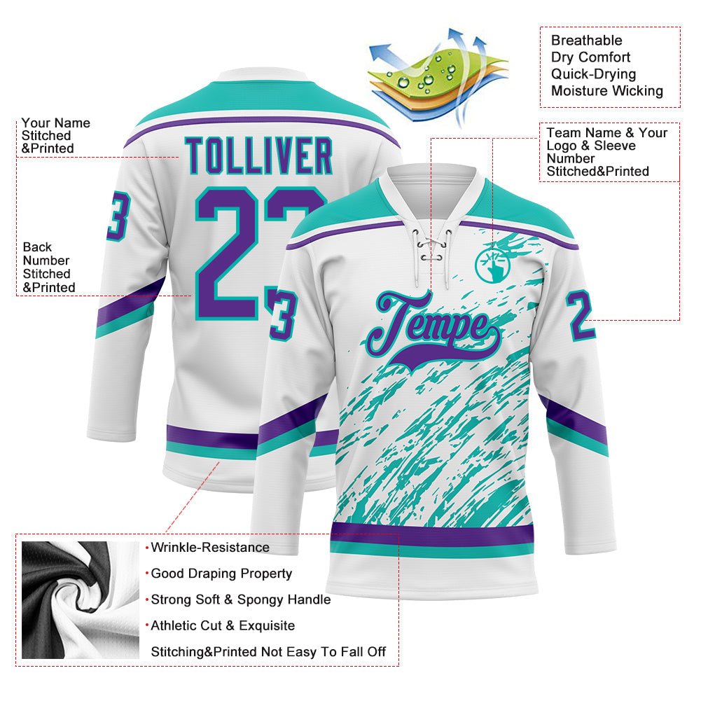 Custom White Purple-Aqua 3D Splash Art Hockey Lace Neck Jersey view 5