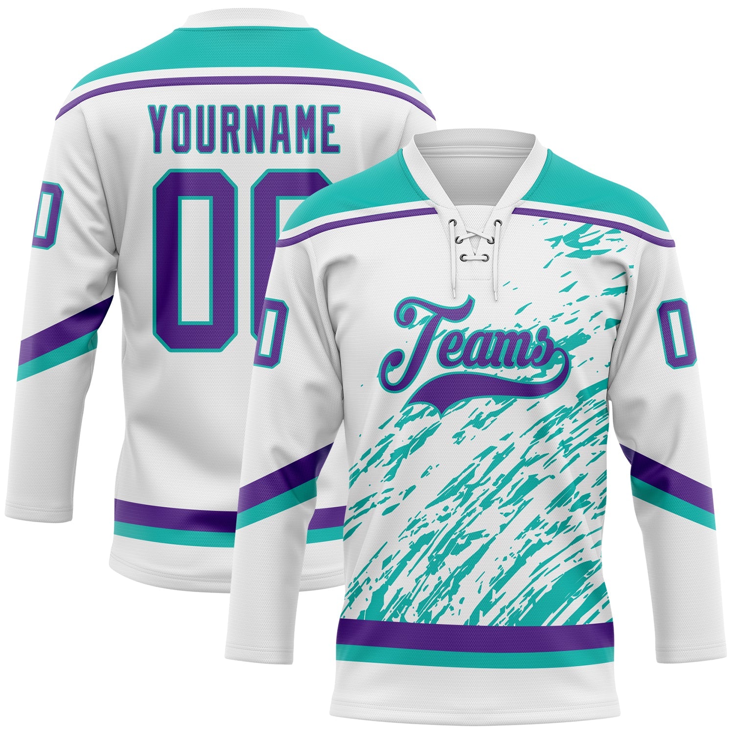 Custom White Purple-Aqua 3D Splash Art Hockey Lace Neck Jersey - Main View