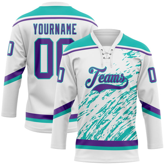 Custom White Purple-Aqua 3D Splash Art Hockey Lace Neck Jersey - Main View