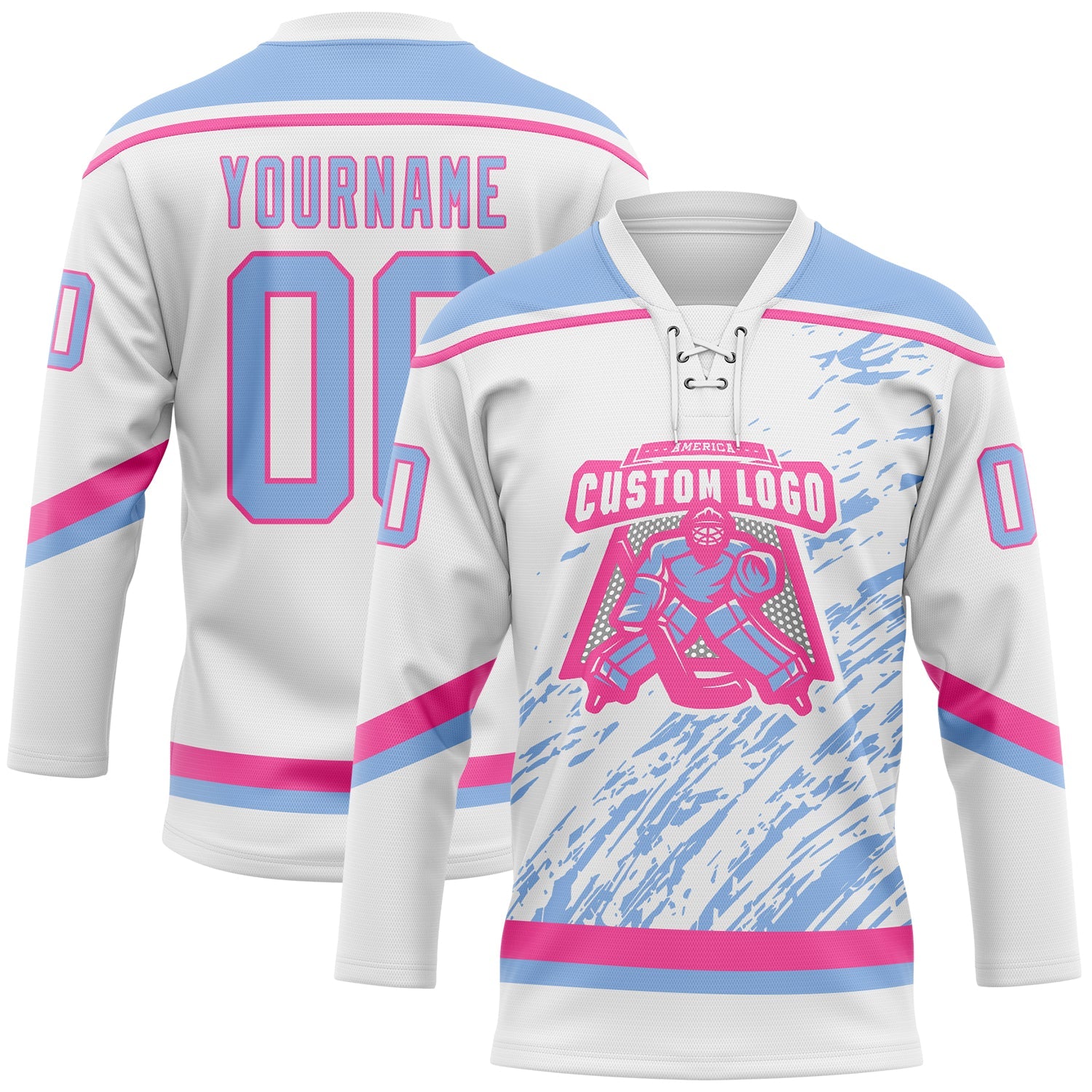 Custom White Light Blue-Pink 3D Splash Art Hockey Lace Neck Jersey view 2