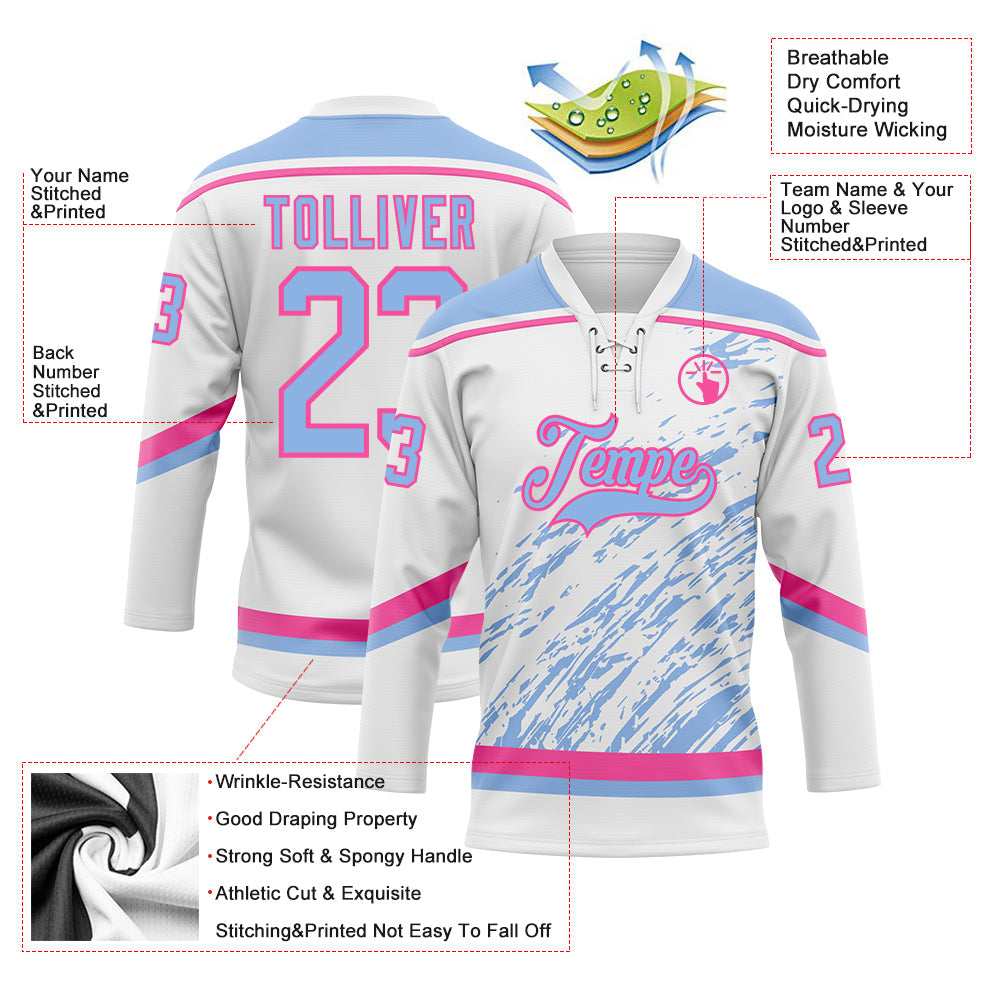 Custom White Light Blue-Pink 3D Splash Art Hockey Lace Neck Jersey view 5