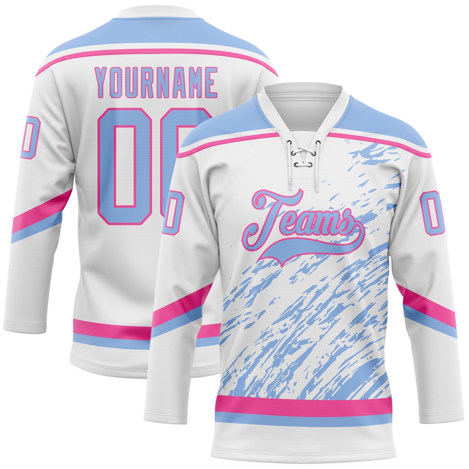 Custom White Light Blue-Pink 3D Splash Art Hockey Lace Neck Jersey - Main View