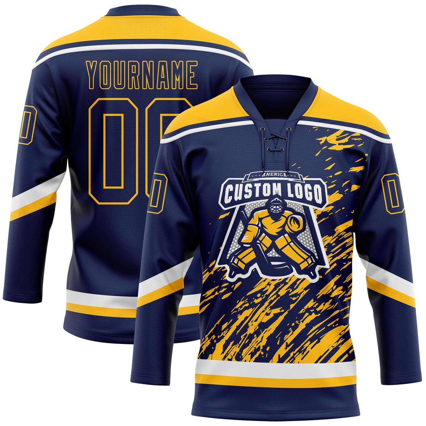Custom Navy Gold-White 3D Splash Art Hockey Lace Neck Jersey view 2