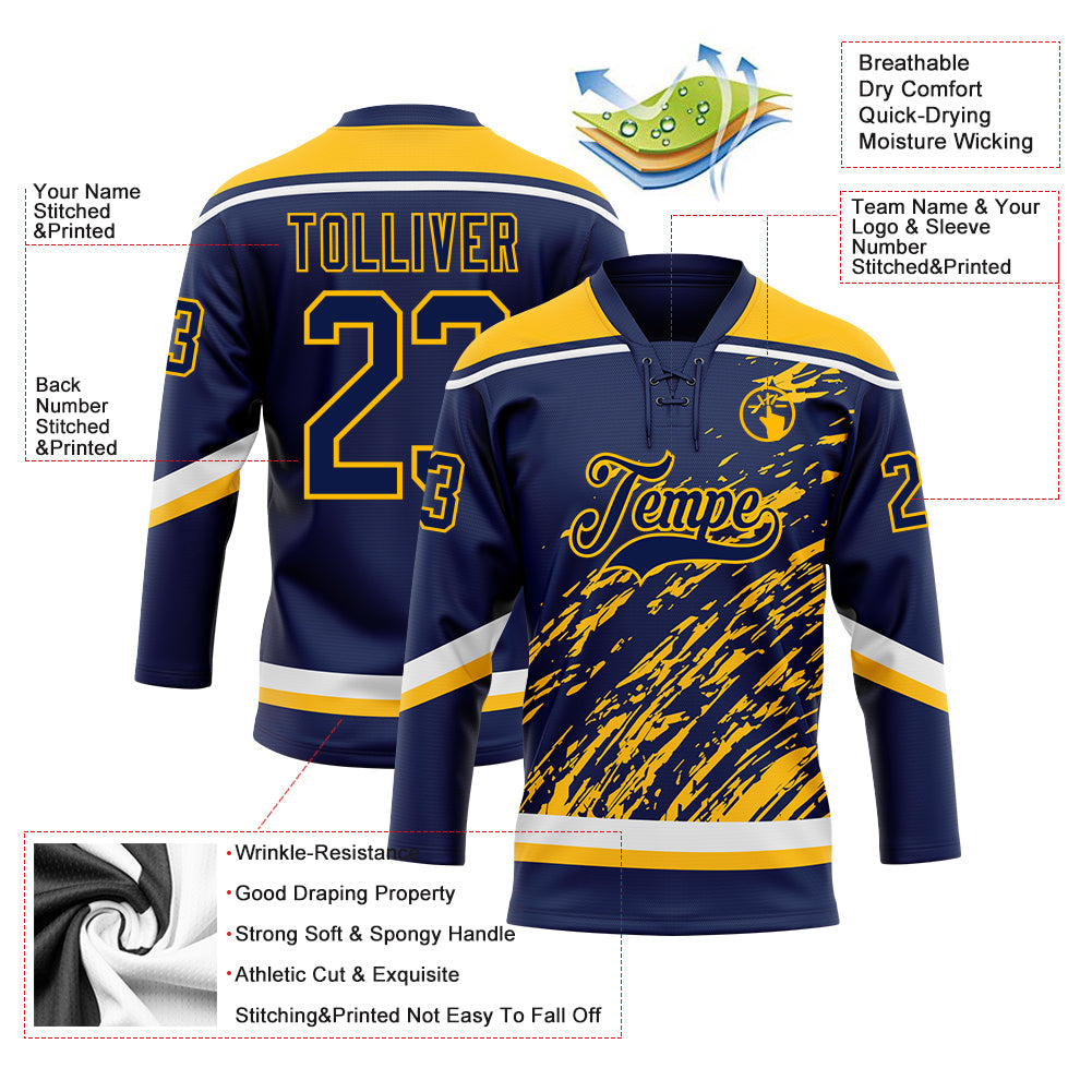 Custom Navy Gold-White 3D Splash Art Hockey Lace Neck Jersey view 5