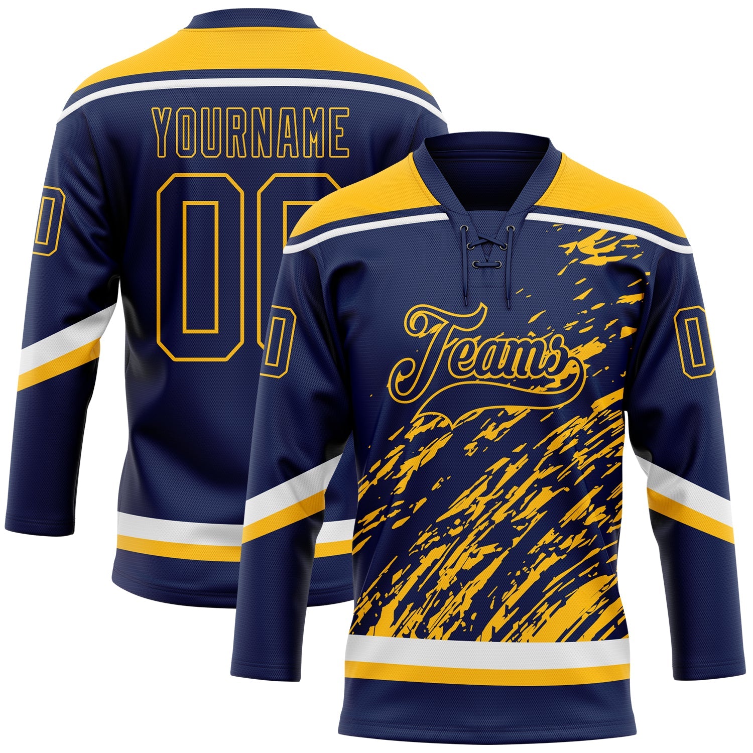 Custom Navy Gold-White 3D Splash Art Hockey Lace Neck Jersey - Main View