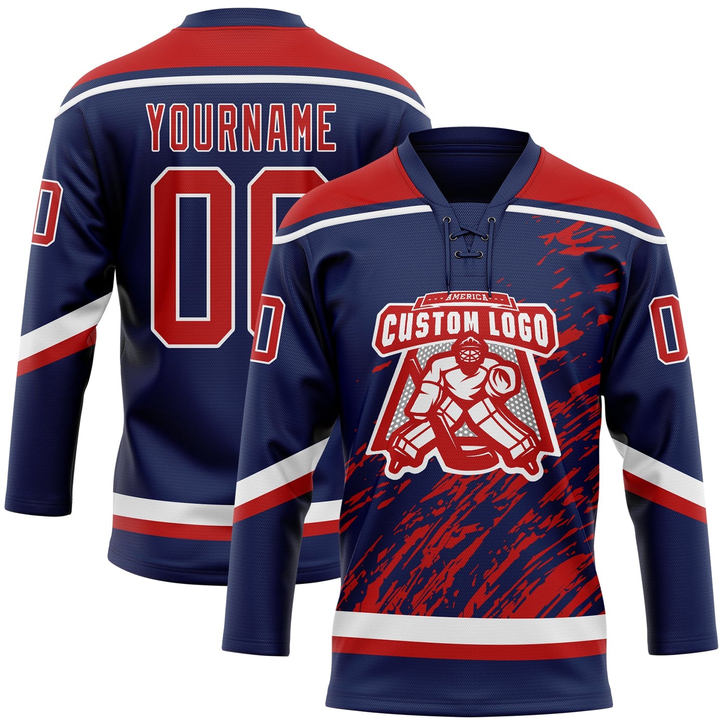 Custom Navy Red-White 3D Splash Art Hockey Lace Neck Jersey view 2