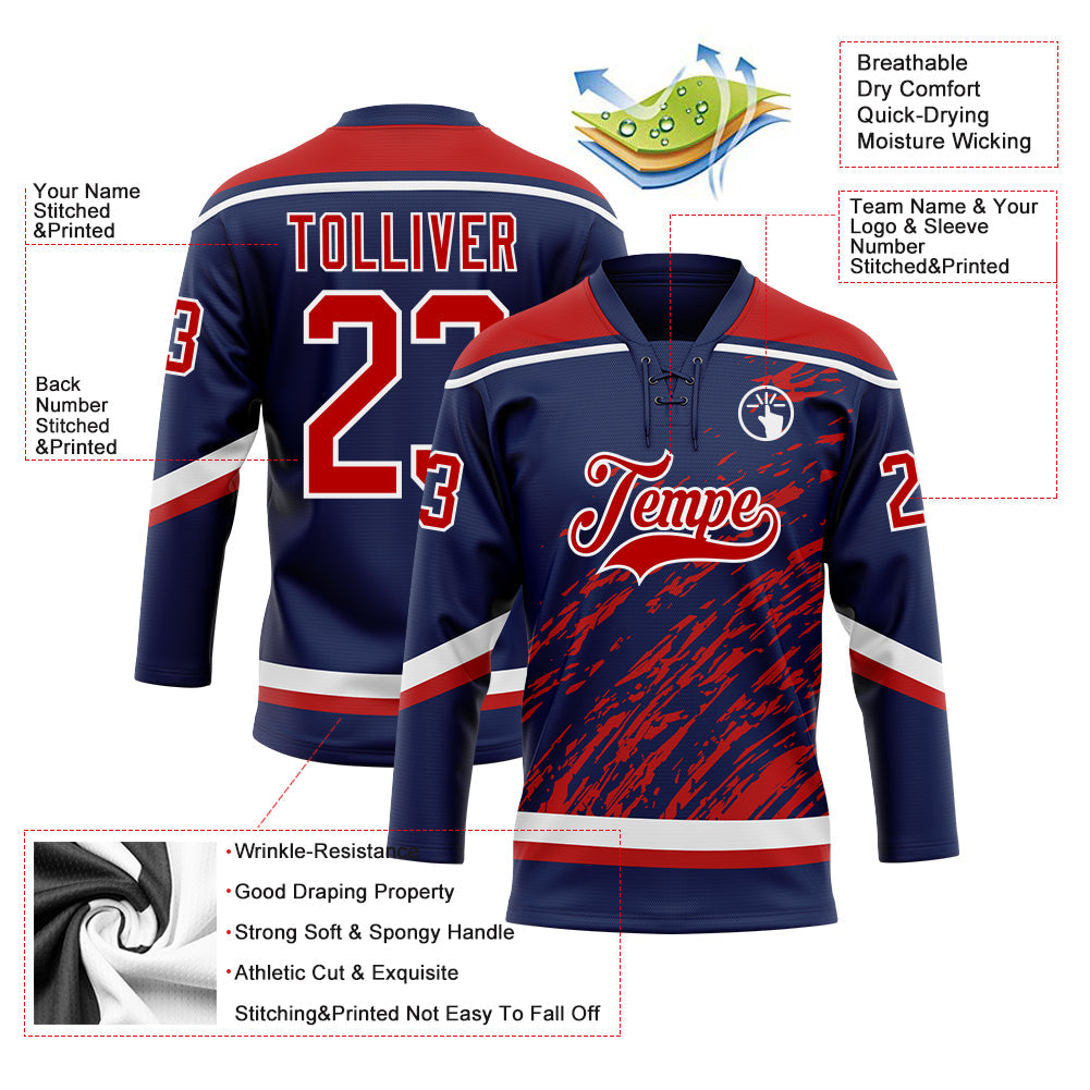 Custom Navy Red-White 3D Splash Art Hockey Lace Neck Jersey view 5