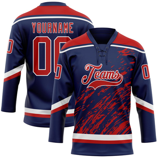 Custom Navy Red-White 3D Splash Art Hockey Lace Neck Jersey - Main View