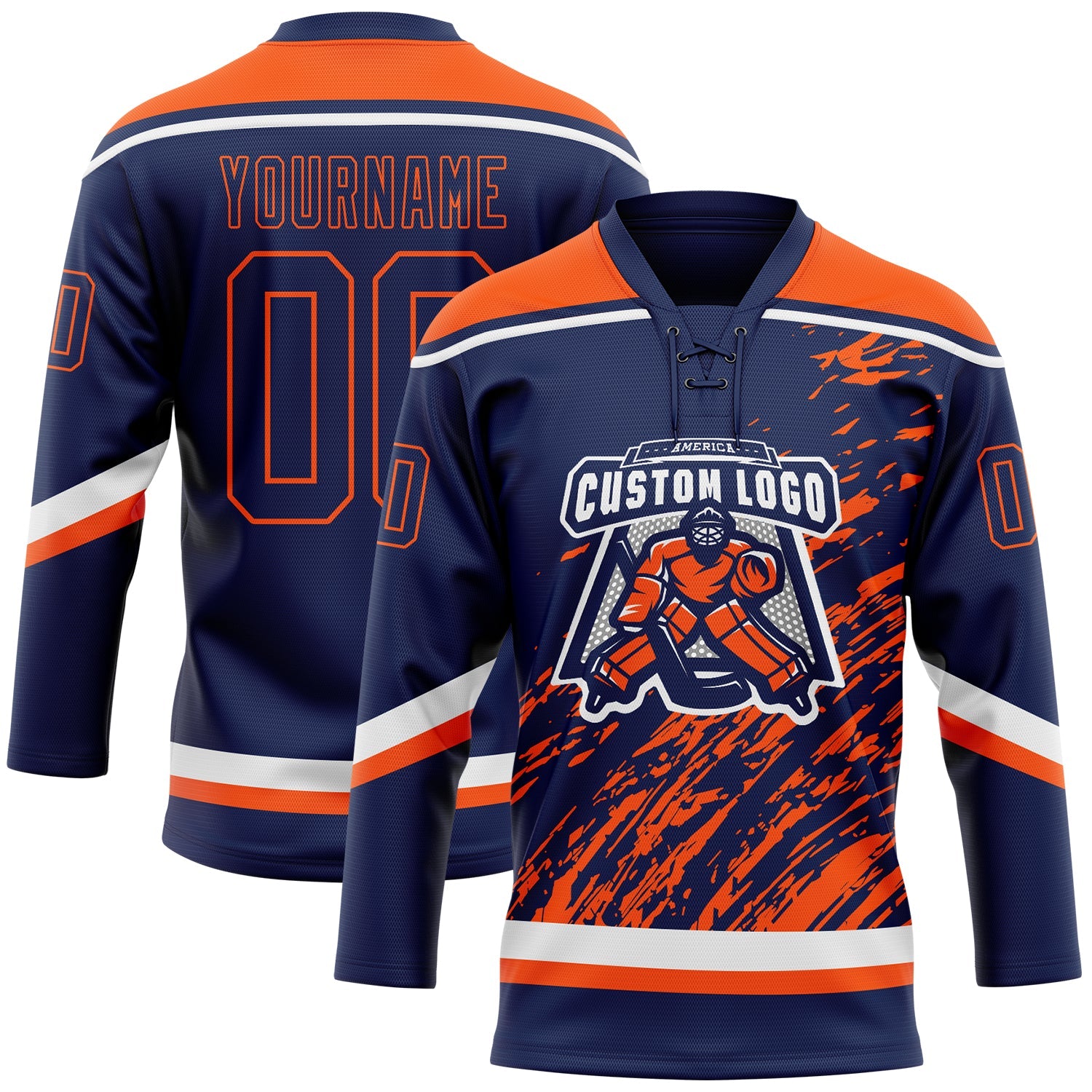 Custom Navy Orange-White 3D Splash Art Hockey Lace Neck Jersey view 2