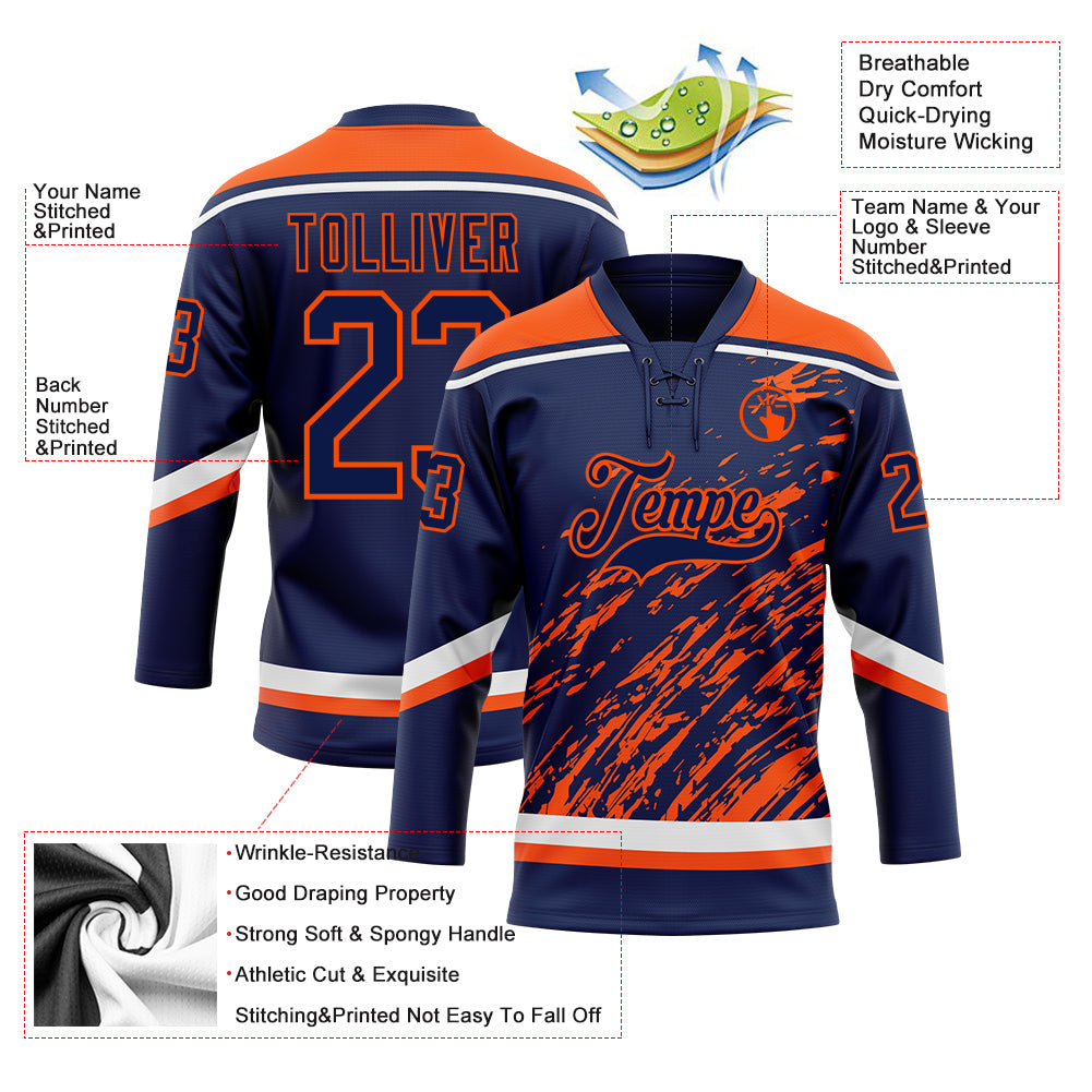 Custom Navy Orange-White 3D Splash Art Hockey Lace Neck Jersey view 5