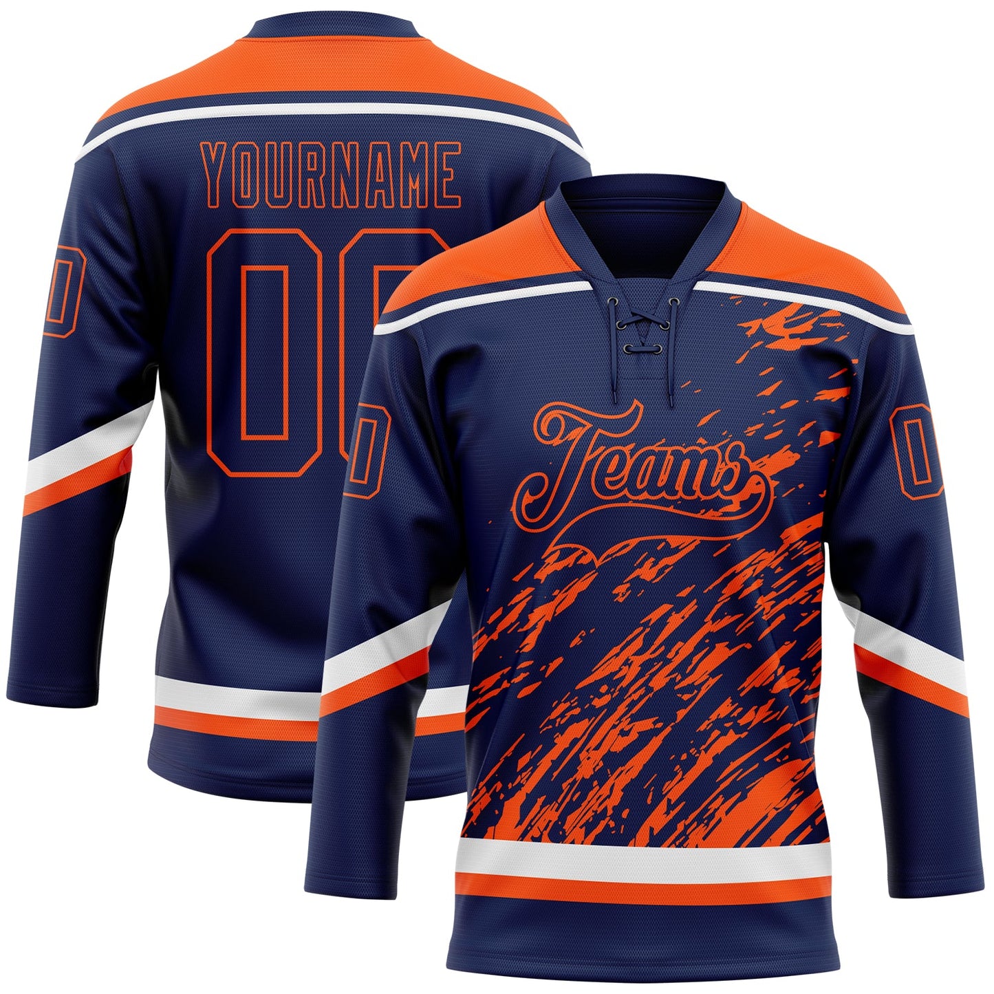 Custom Navy Orange-White 3D Splash Art Hockey Lace Neck Jersey - Main View