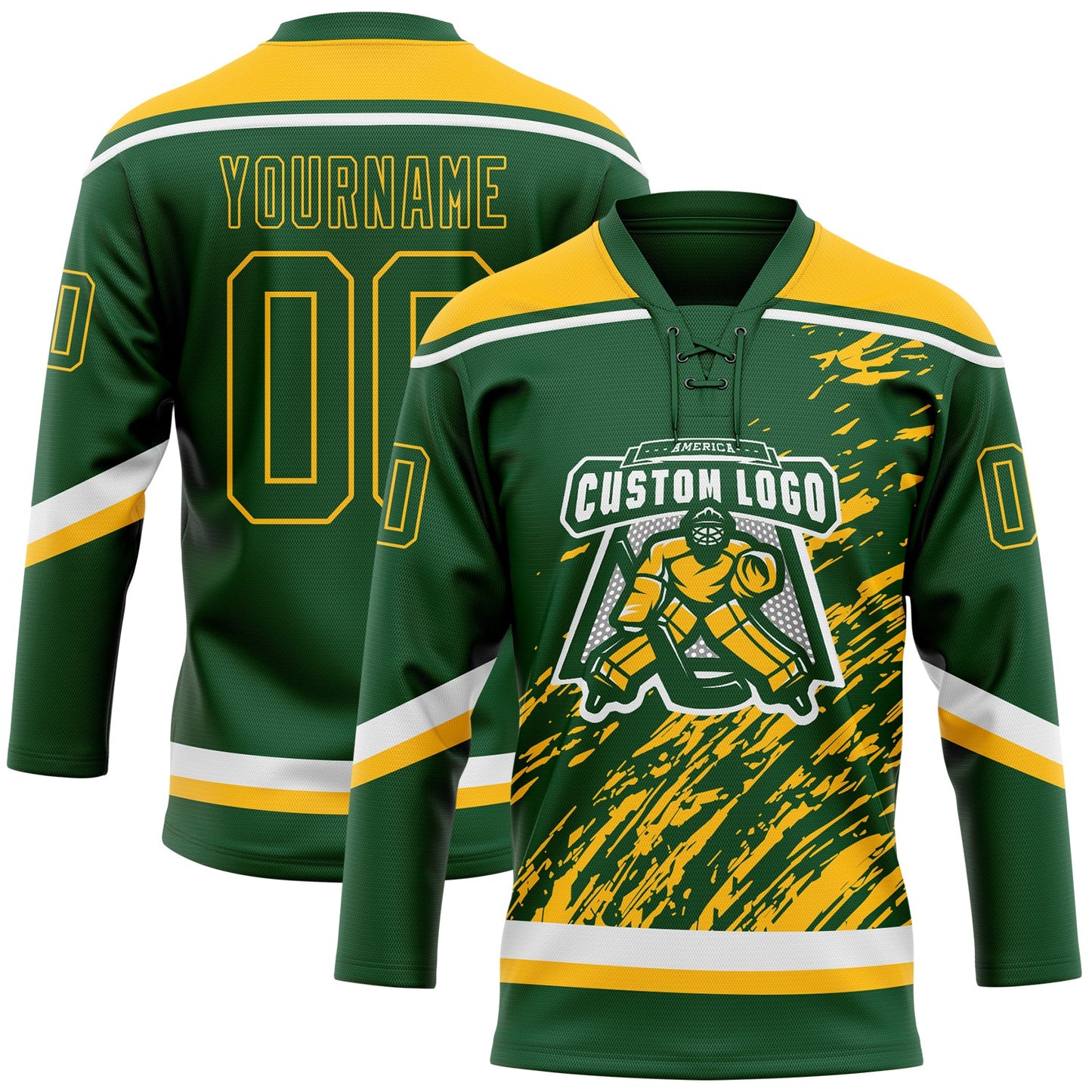 Custom Green Gold-White 3D Splash Art Hockey Lace Neck Jersey view 2