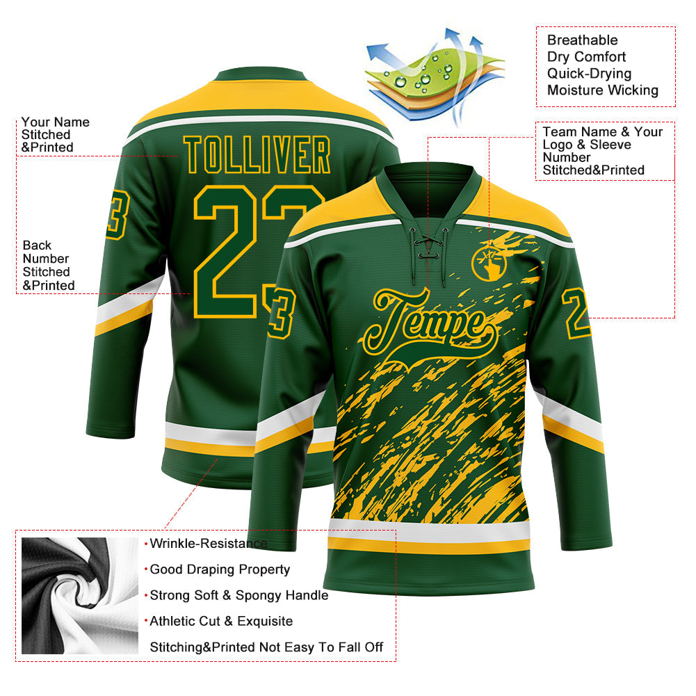 Custom Green Gold-White 3D Splash Art Hockey Lace Neck Jersey view 5