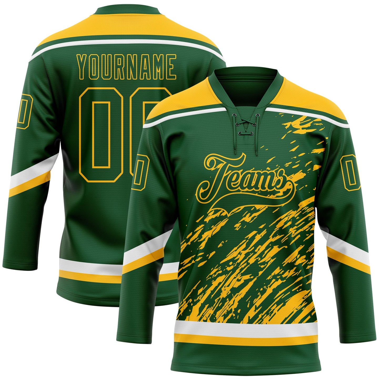Custom Green Gold-White 3D Splash Art Hockey Lace Neck Jersey - Main View