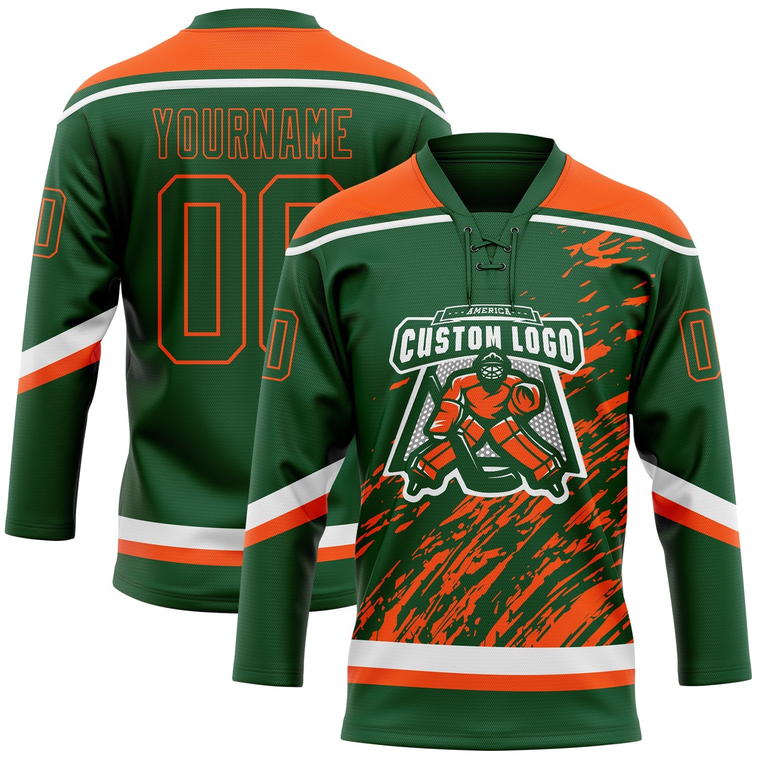 Custom Green Orange-White 3D Splash Art Hockey Lace Neck Jersey view 2