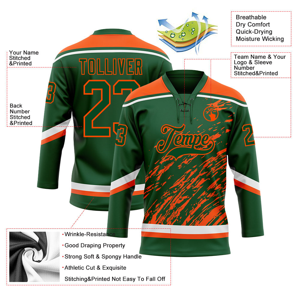 Custom Green Orange-White 3D Splash Art Hockey Lace Neck Jersey view 5