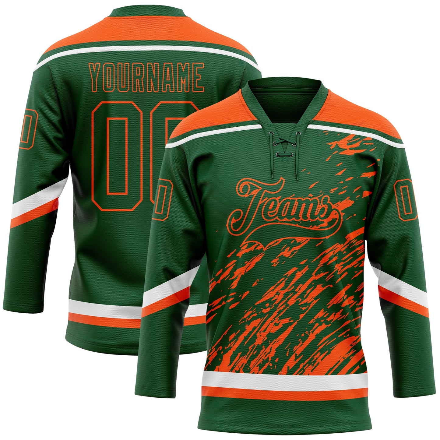 Custom Green Orange-White 3D Splash Art Hockey Lace Neck Jersey - Main View