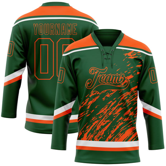 Custom Green Orange-White 3D Splash Art Hockey Lace Neck Jersey - Main View