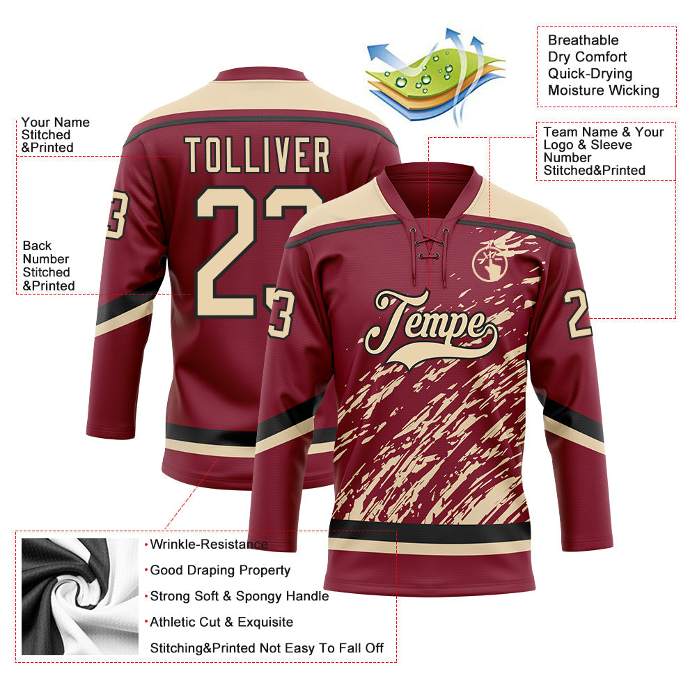 Custom Crimson City Cream-Black 3D Splash Art Hockey Lace Neck Jersey view 5