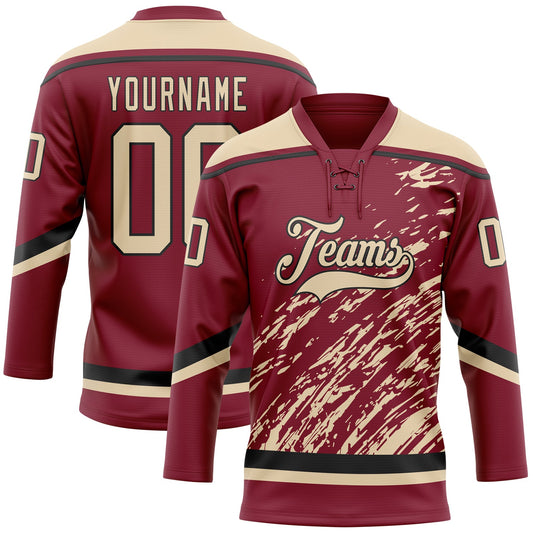 Custom Crimson City Cream-Black 3D Splash Art Hockey Lace Neck Jersey - Main View