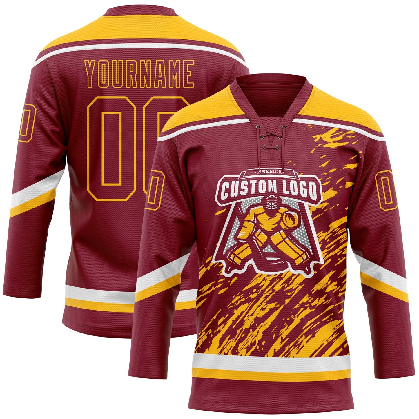 Custom Crimson Gold-White 3D Splash Art Hockey Lace Neck Jersey view 2