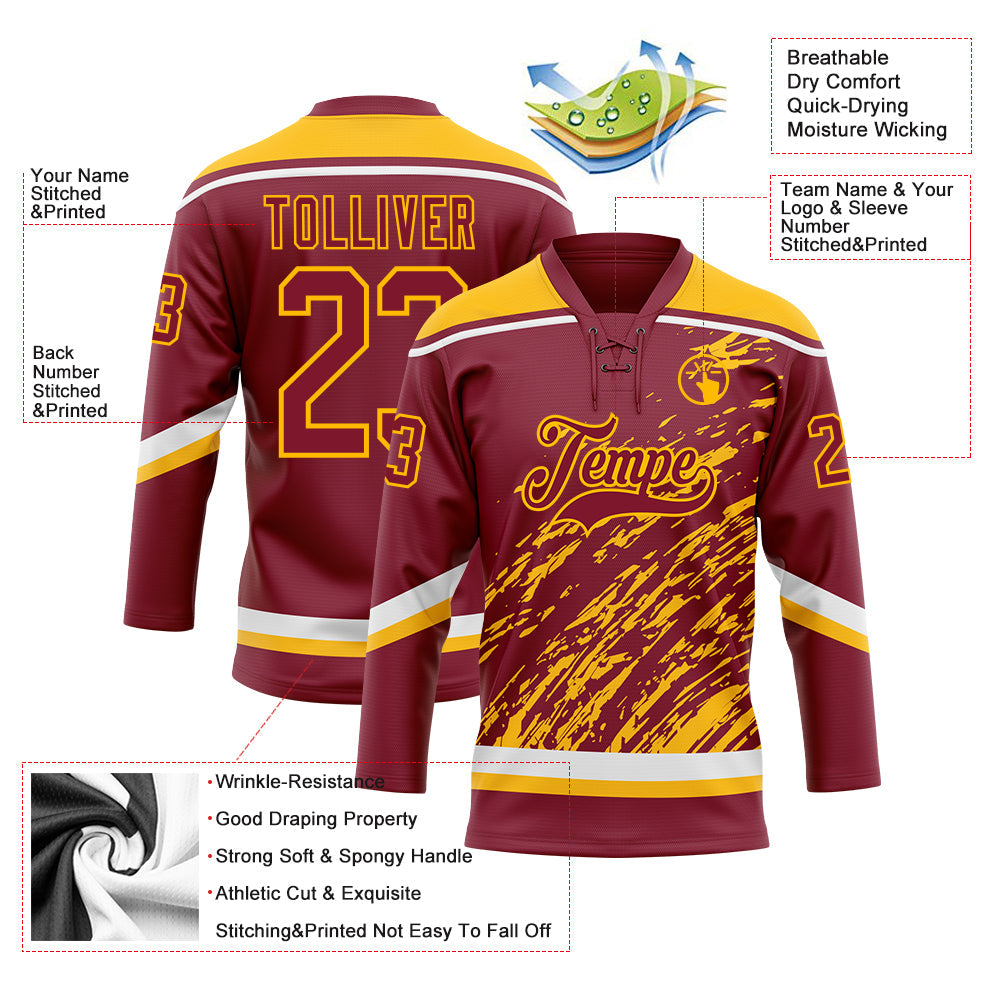 Custom Crimson Gold-White 3D Splash Art Hockey Lace Neck Jersey view 5