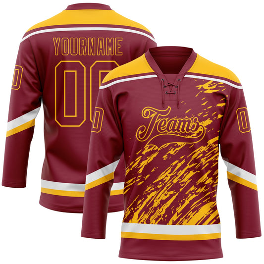 Custom Crimson Gold-White 3D Splash Art Hockey Lace Neck Jersey - Main View
