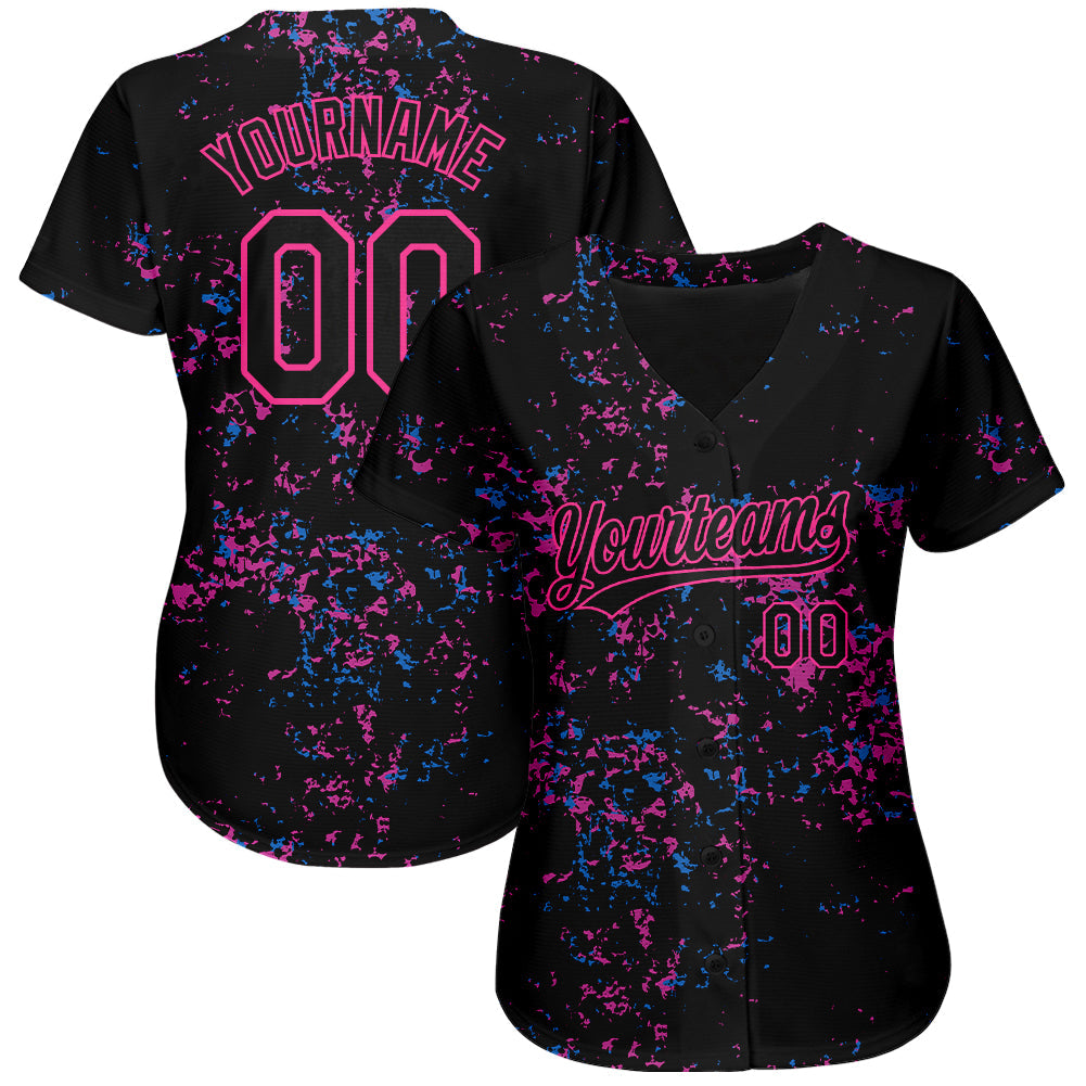Custom Black Black-Pink 3D Pattern Design Authentic Baseball Jersey view 2
