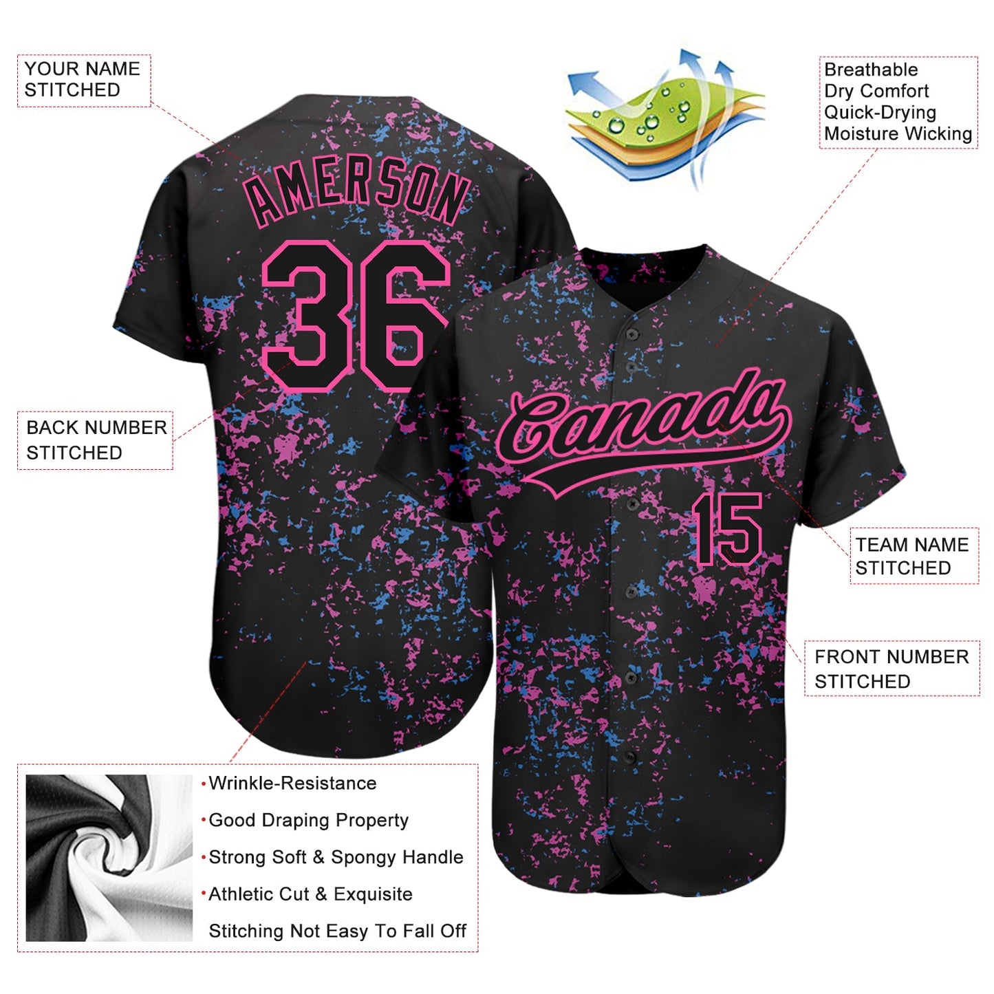 Custom Black Black-Pink 3D Pattern Design Authentic Baseball Jersey view 3