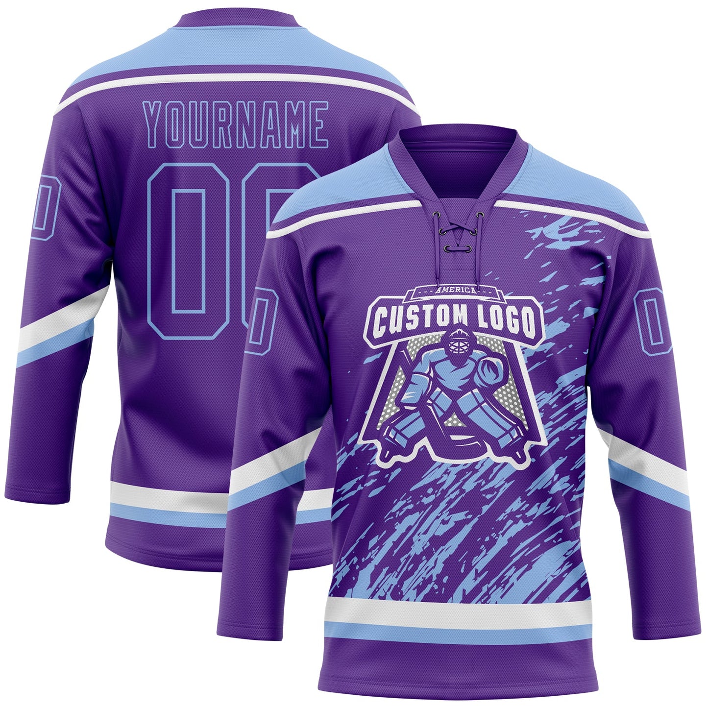 Custom Purple Light Blue-White 3D Splash Art Hockey Lace Neck Jersey view 2