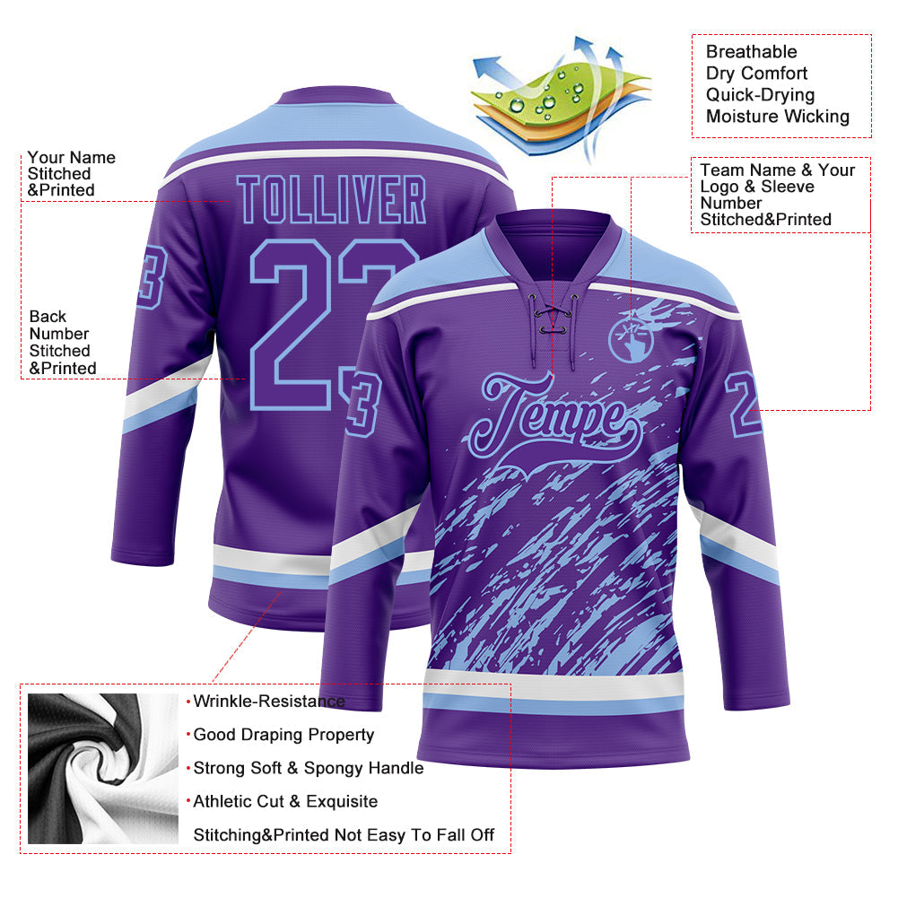 Custom Purple Light Blue-White 3D Splash Art Hockey Lace Neck Jersey view 5