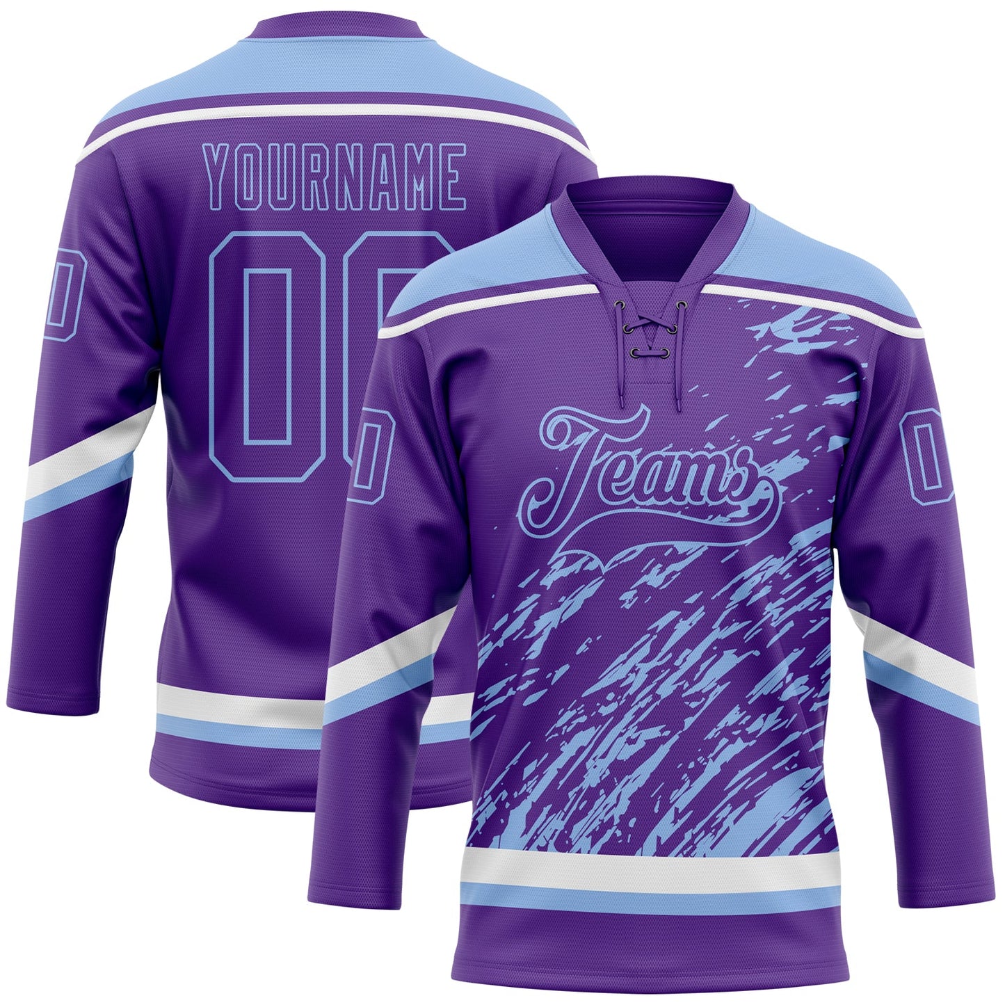 Custom Purple Light Blue-White 3D Splash Art Hockey Lace Neck Jersey - Main View