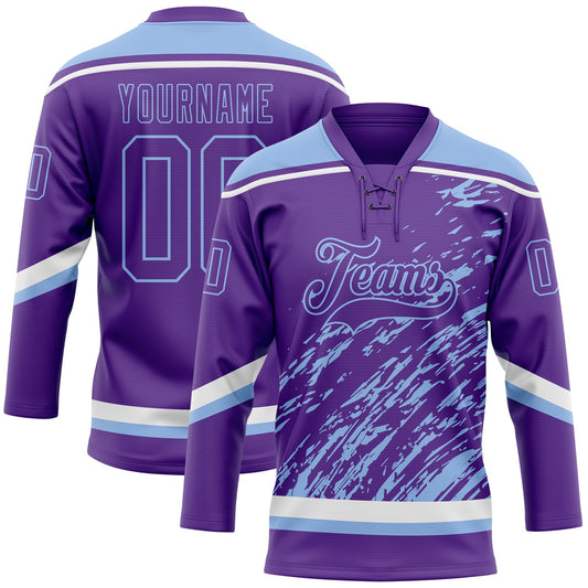 Custom Purple Light Blue-White 3D Splash Art Hockey Lace Neck Jersey - Main View