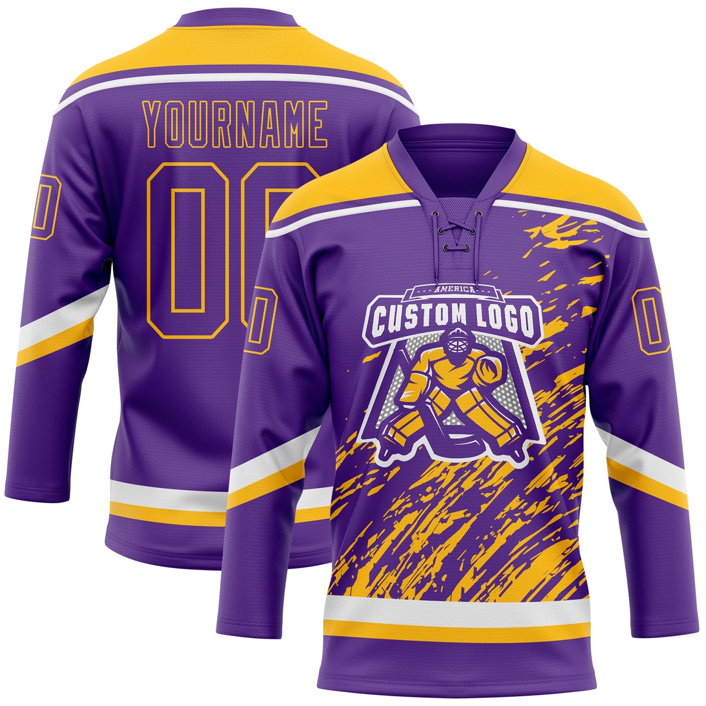 Custom Purple Gold-White 3D Splash Art Hockey Lace Neck Jersey view 2