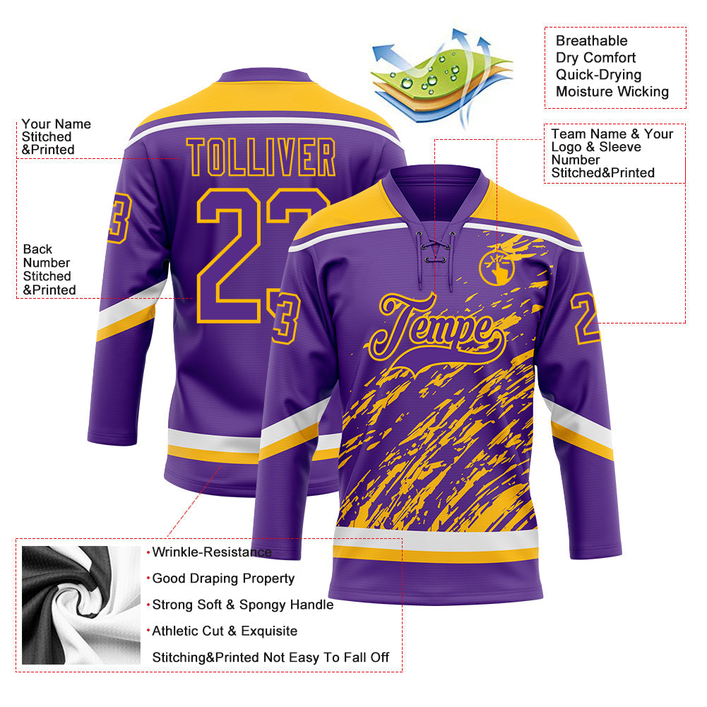 Custom Purple Gold-White 3D Splash Art Hockey Lace Neck Jersey view 5