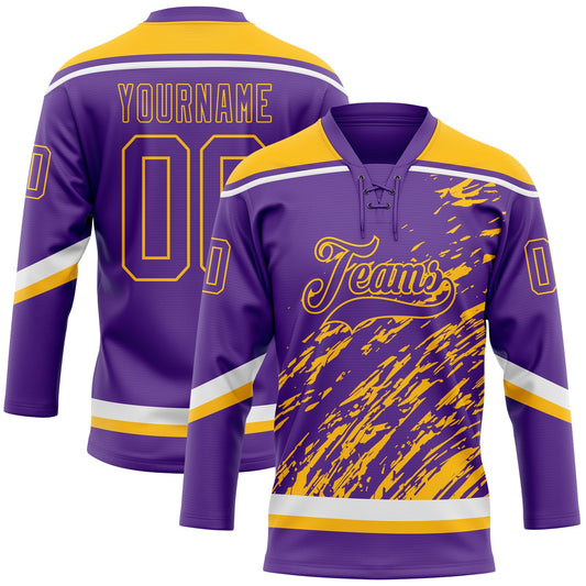 Custom Purple Gold-White 3D Splash Art Hockey Lace Neck Jersey - Main View