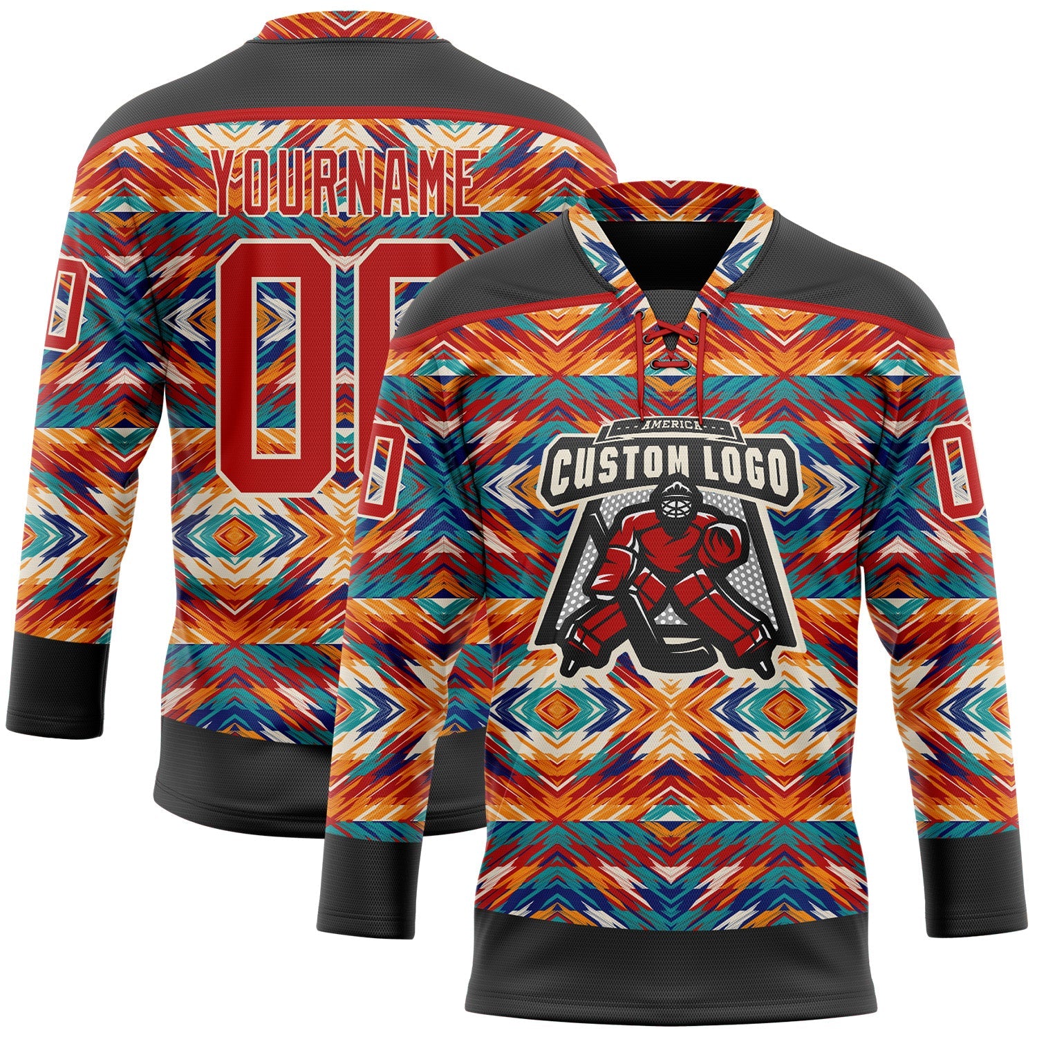 Custom Black Red-Cream 3D Pattern Native Americans Tribal Indigenous People Hockey Lace Neck Jersey view 2
