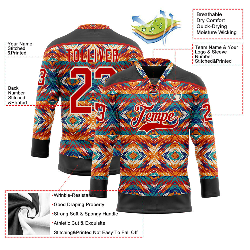 Custom Black Red-Cream 3D Pattern Native Americans Tribal Indigenous People Hockey Lace Neck Jersey view 5