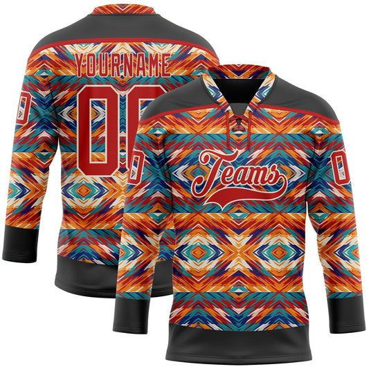Custom Black Red-Cream 3D Pattern Native Americans Tribal Indigenous People Hockey Lace Neck Jersey - Main View