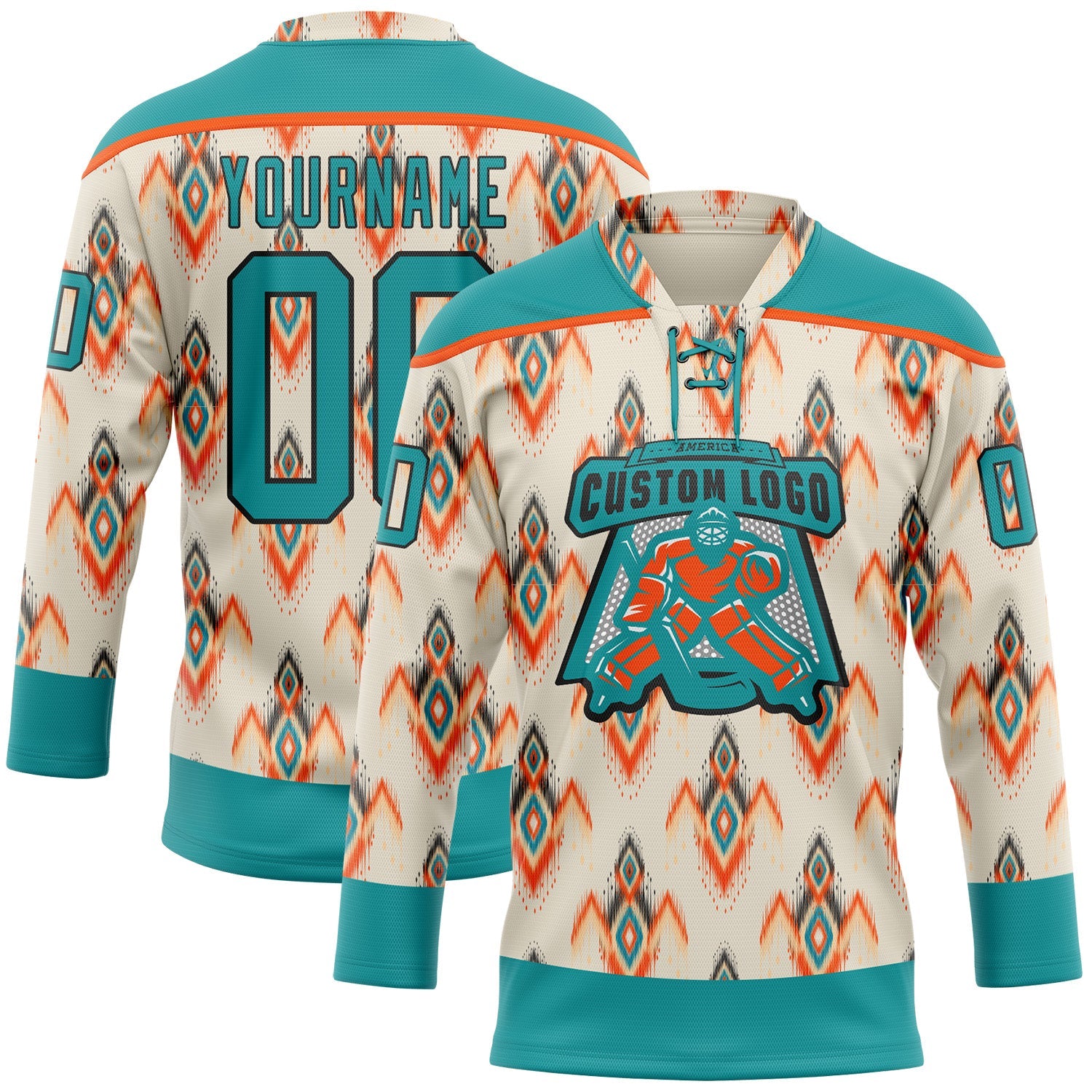 Custom Cream Teal Orange-Black 3D Pattern Native Americans Tribal Indigenous People Hockey Lace Neck Jersey view 2