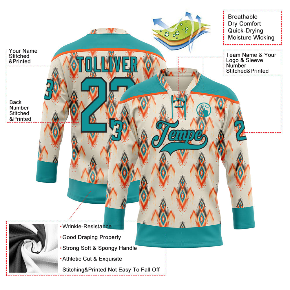 Custom Cream Teal Orange-Black 3D Pattern Native Americans Tribal Indigenous People Hockey Lace Neck Jersey view 5