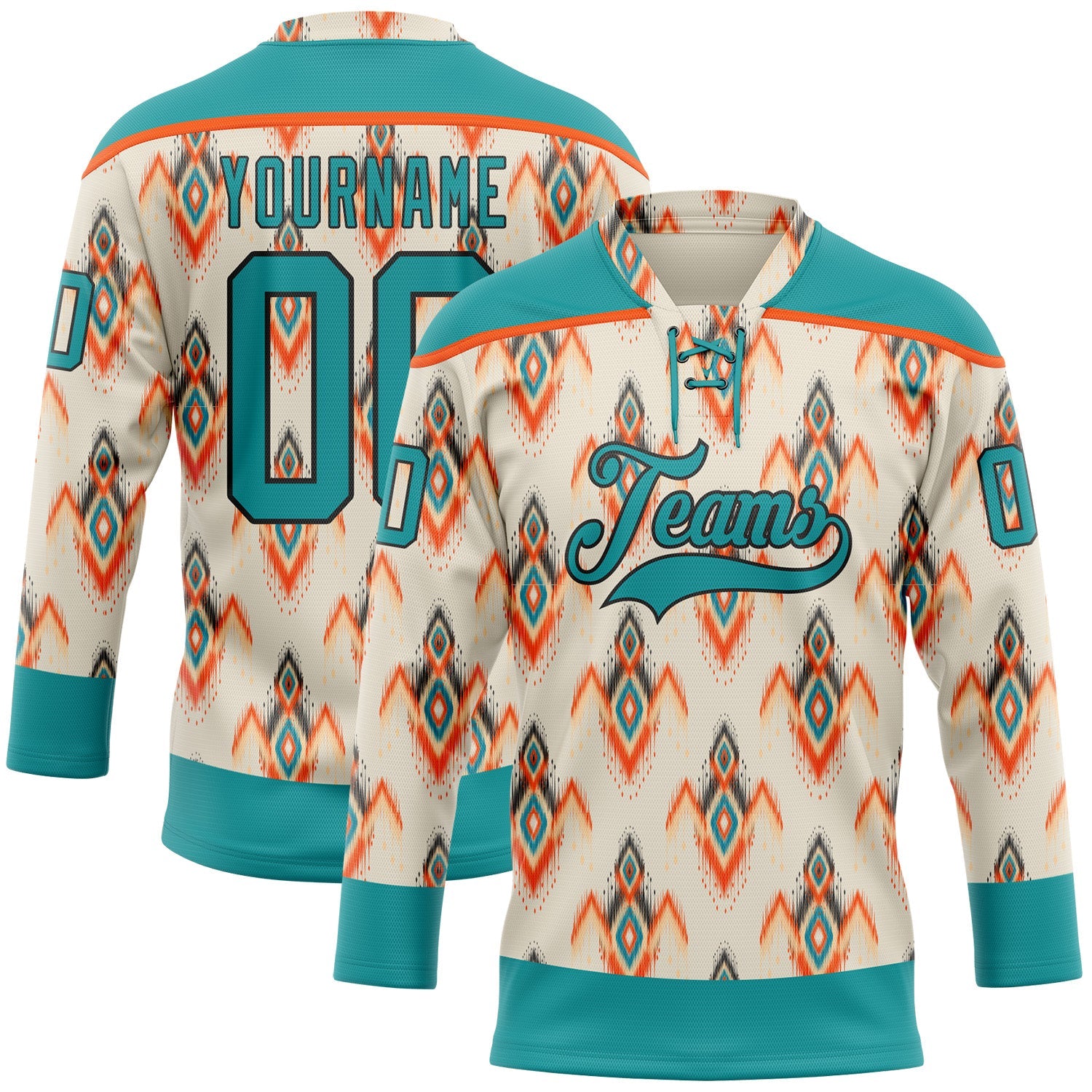 Custom Cream Teal Orange-Black 3D Pattern Native Americans Tribal Indigenous People Hockey Lace Neck Jersey - Main View