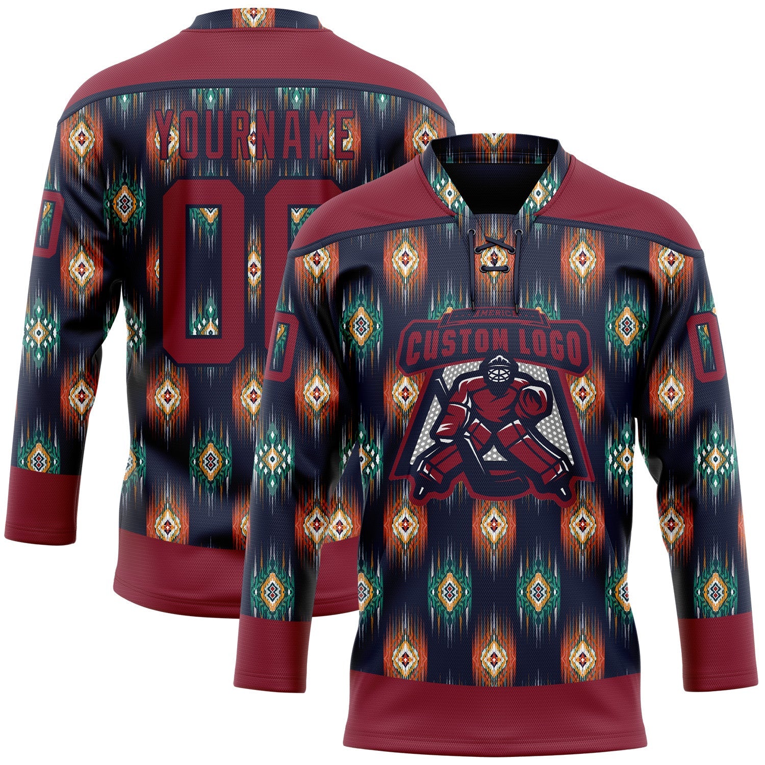 Custom Navy Crimson 3D Pattern Native Americans Tribal Indigenous People Hockey Lace Neck Jersey view 2