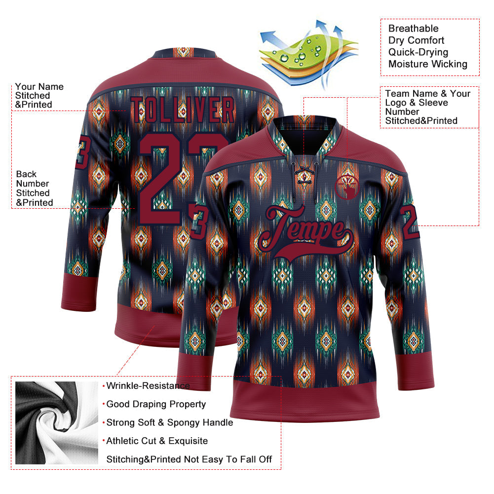 Custom Navy Crimson 3D Pattern Native Americans Tribal Indigenous People Hockey Lace Neck Jersey view 5