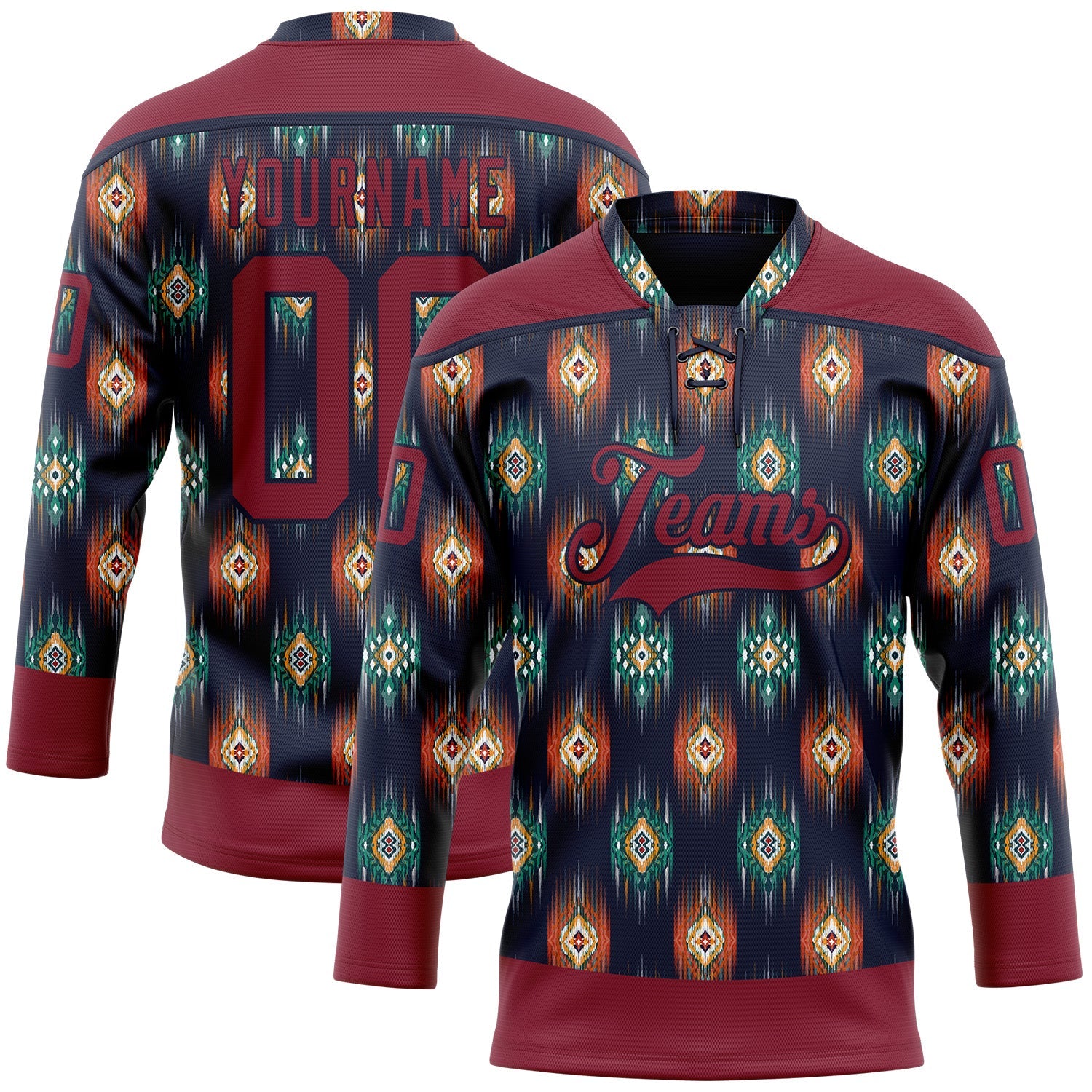 Custom Navy Crimson 3D Pattern Native Americans Tribal Indigenous People Hockey Lace Neck Jersey - Main View