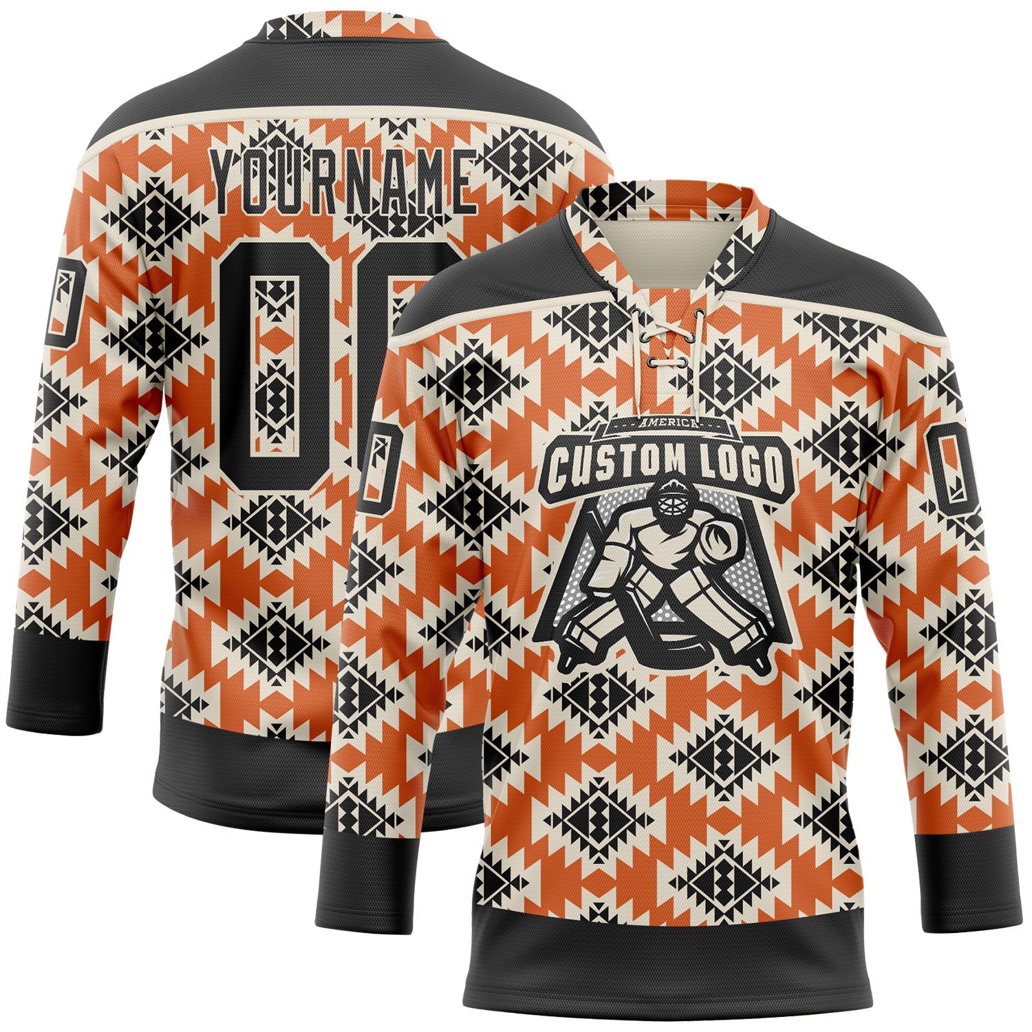 Custom Black Orange-Cream 3D Pattern Native Americans Tribal Indigenous People Hockey Lace Neck Jersey view 2
