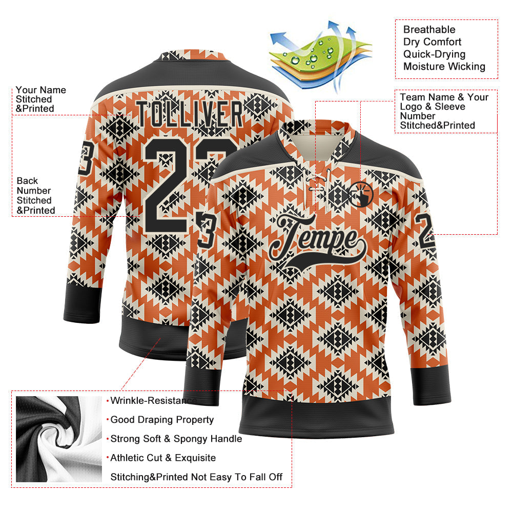 Custom Black Orange-Cream 3D Pattern Native Americans Tribal Indigenous People Hockey Lace Neck Jersey view 5