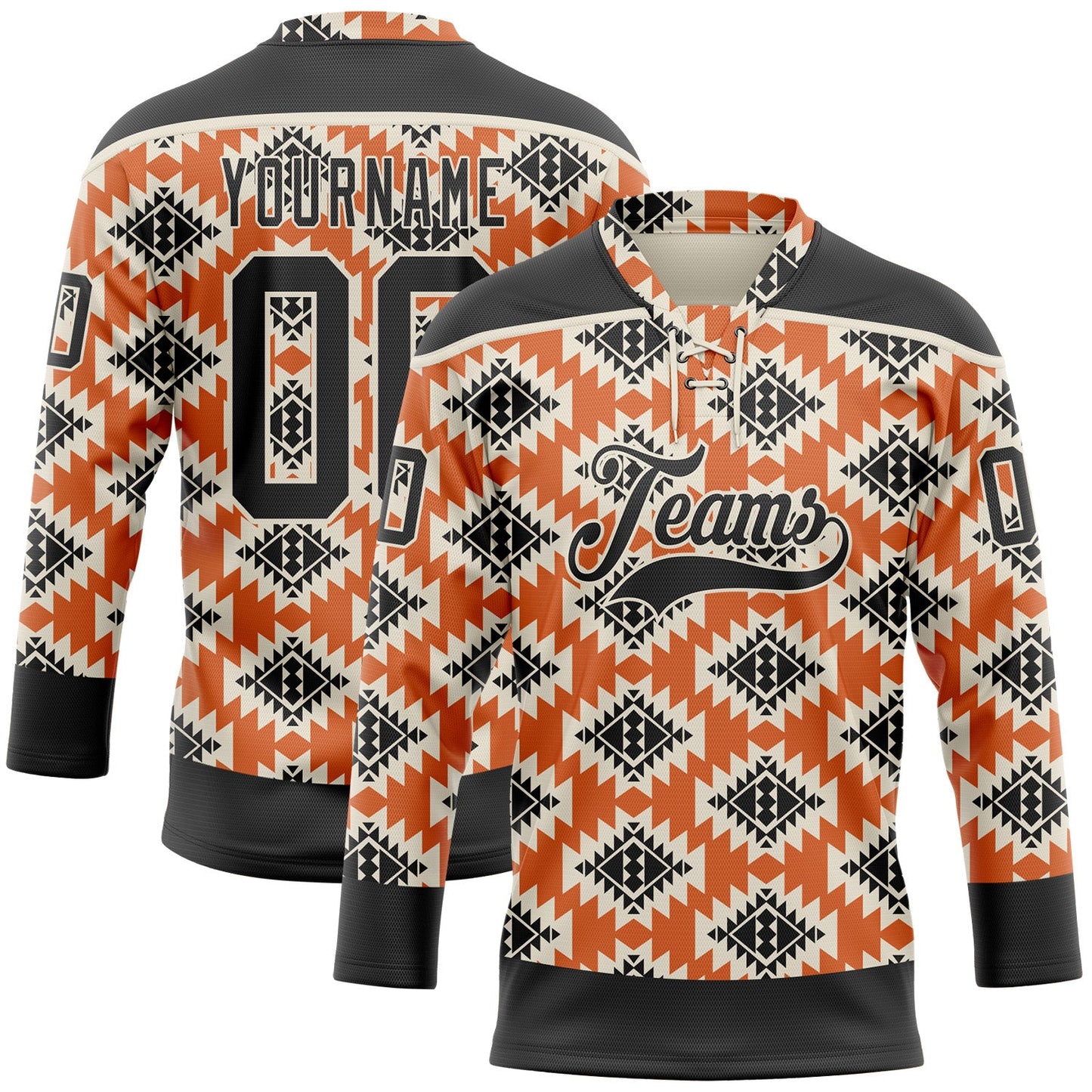 Custom Black Orange-Cream 3D Pattern Native Americans Tribal Indigenous People Hockey Lace Neck Jersey - Main View