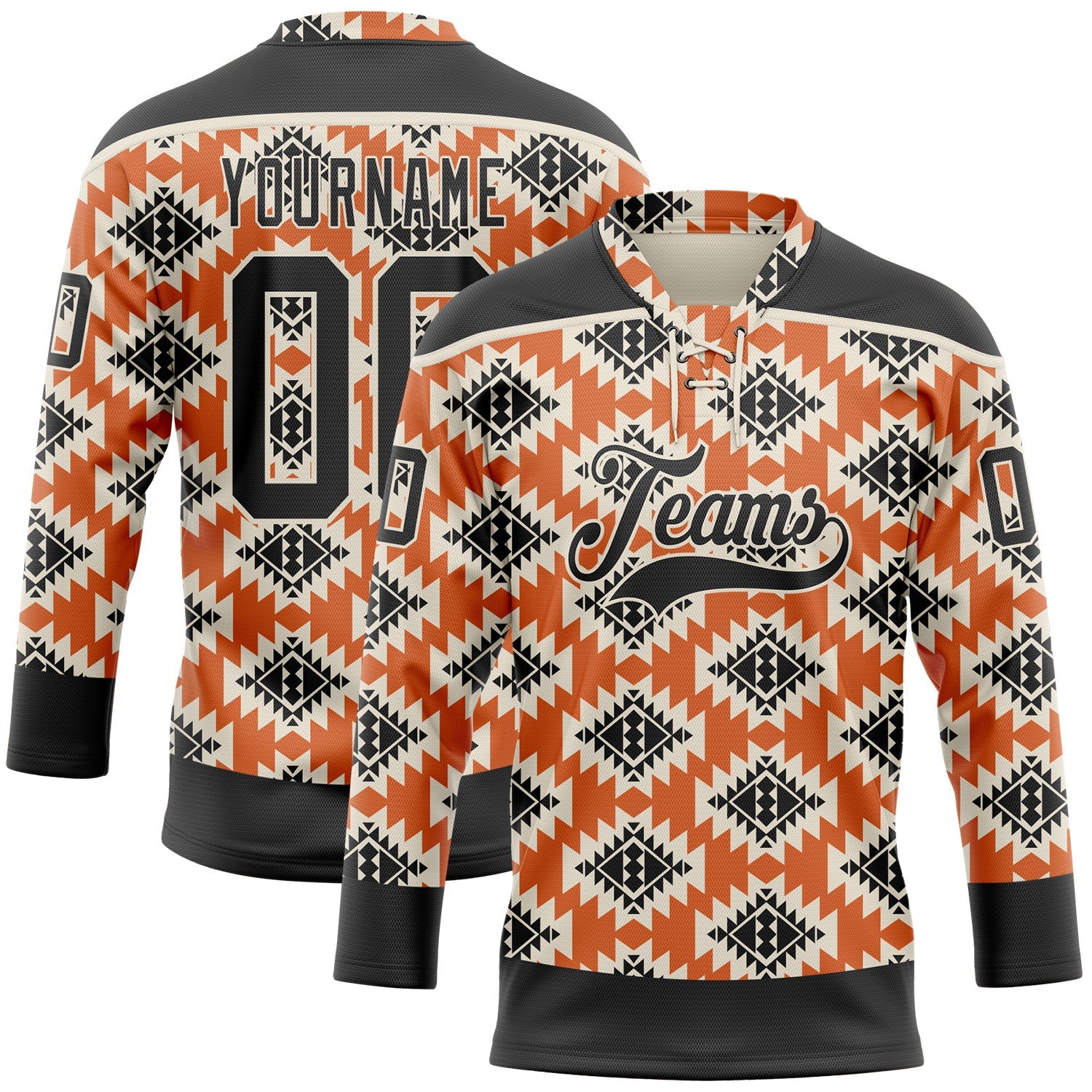 Custom Black Orange-Cream 3D Pattern Native Americans Tribal Indigenous People Hockey Lace Neck Jersey - Main View