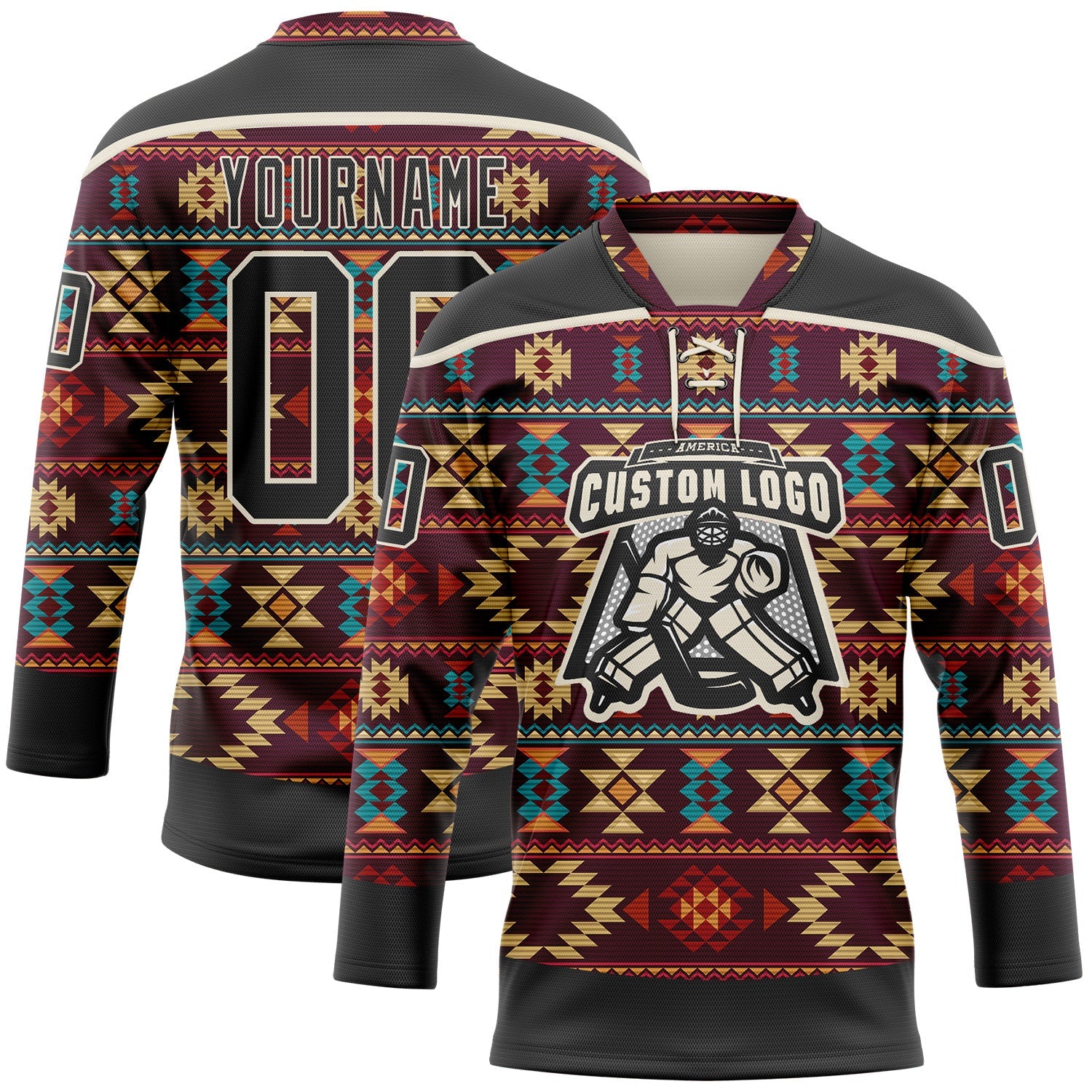 Custom Black Cream 3D Pattern Native Americans Tribal Indigenous People Hockey Lace Neck Jersey view 2